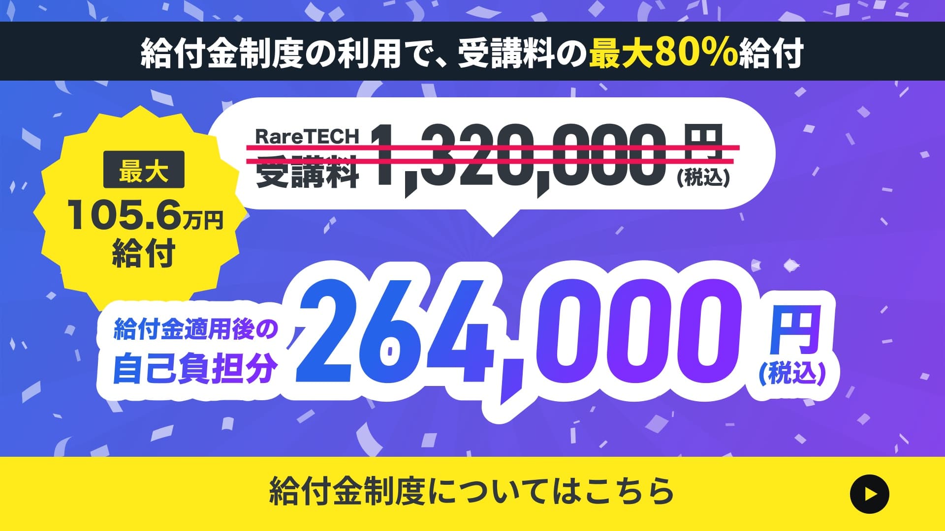 給付金制度の利用で、受講料の最大80%給付 最大105.6万円給付 RareTECH 受講料 1,320,000円 (税込) 給付金適用後の自己負担分 264,000円 (税込) 給付金制度についてはこちら。